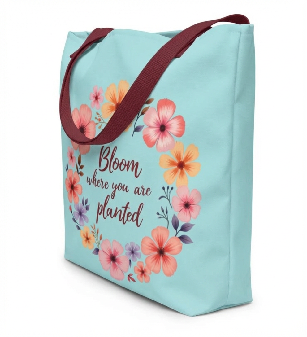 Blumen-Tragetasche mit inspirierendem Zitat und leuchtenden Pastellfarben