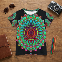 Lifestyle flatlay of a mandala art t-shirt in bold green and red, folded with natural light and a plant, showcasing the design and soft fabric