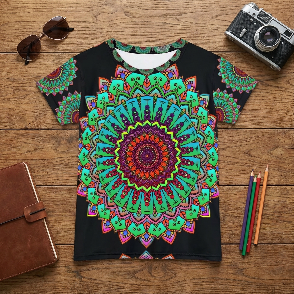 Lifestyle flatlay of a mandala art t-shirt in bold green and red, folded with natural light and a plant, showcasing the design and soft fabric