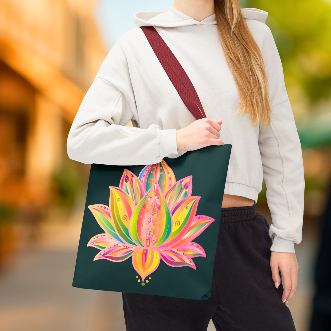 Lotus Blossom Energy Tote – Deep Green Canvas with Artistic Print