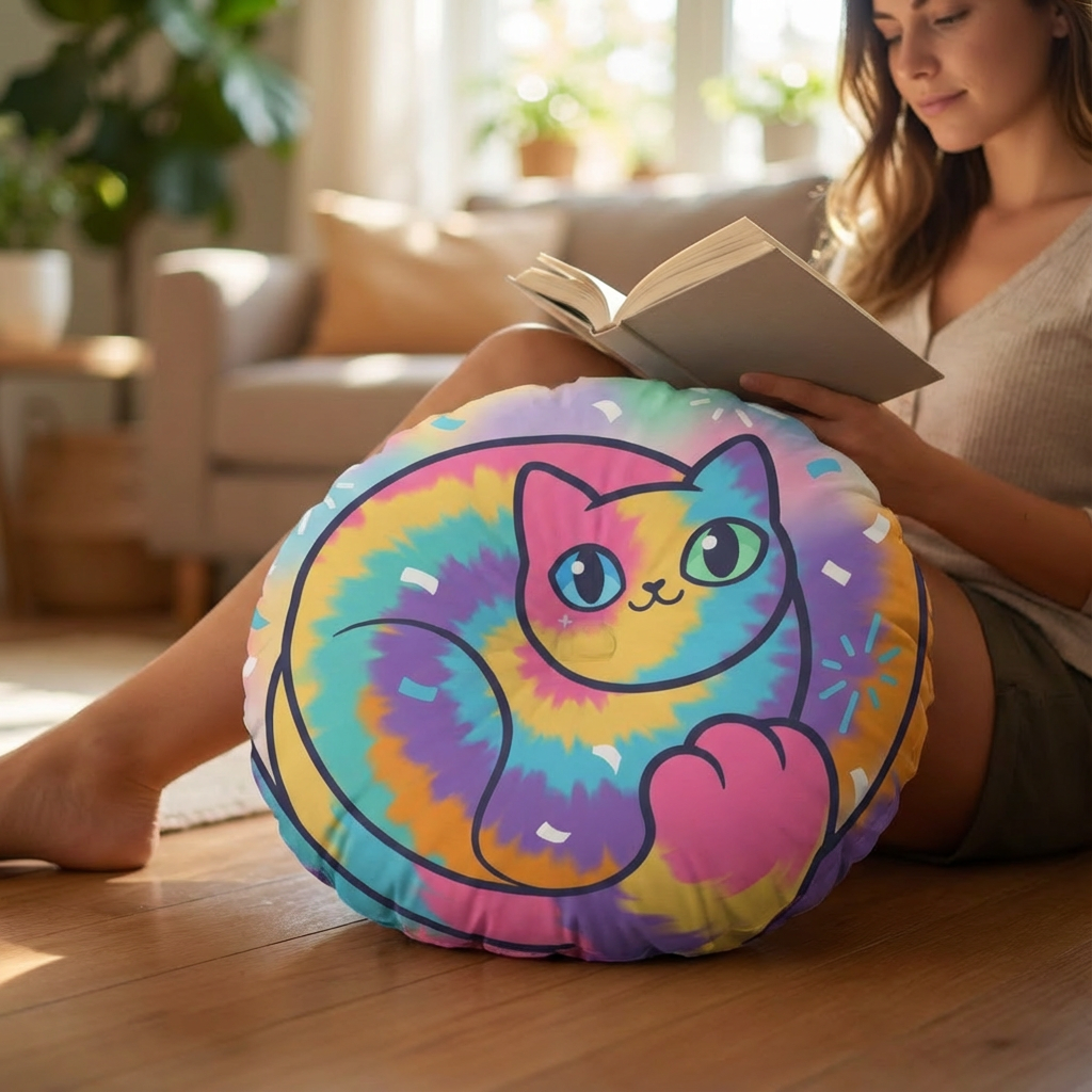 Cozy New Year's Eve Tie-Dye cat floor pillow in pink, yellow, and teal tones; lifestyle setting on a couch showing a curled cat design, winter celebration 2025 theme.