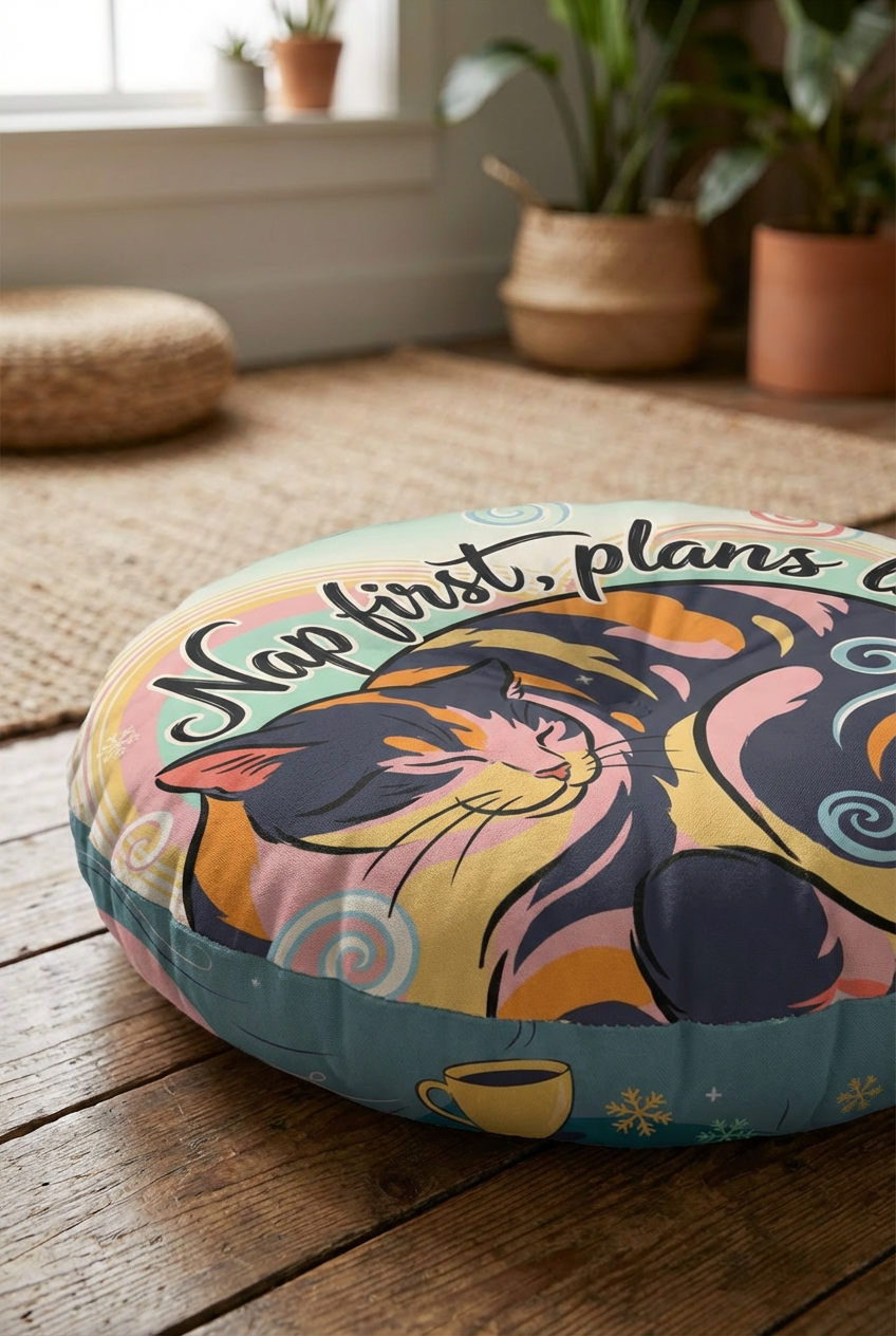 Winter cozy kitten in Ukiyo-e rhythm cat floor pillow, round and tufted, teal and pink tones, close-up lifestyle shot showing a plush, comfortable cushion in a cozy corner