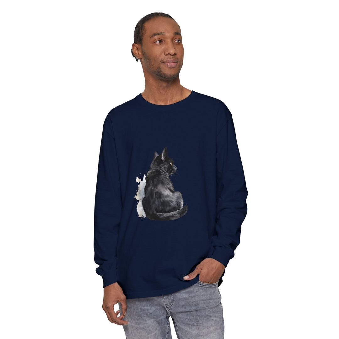 Black Cat Watercolor Unisex Long Sleeve T-Shirt with vibrant watercolor design