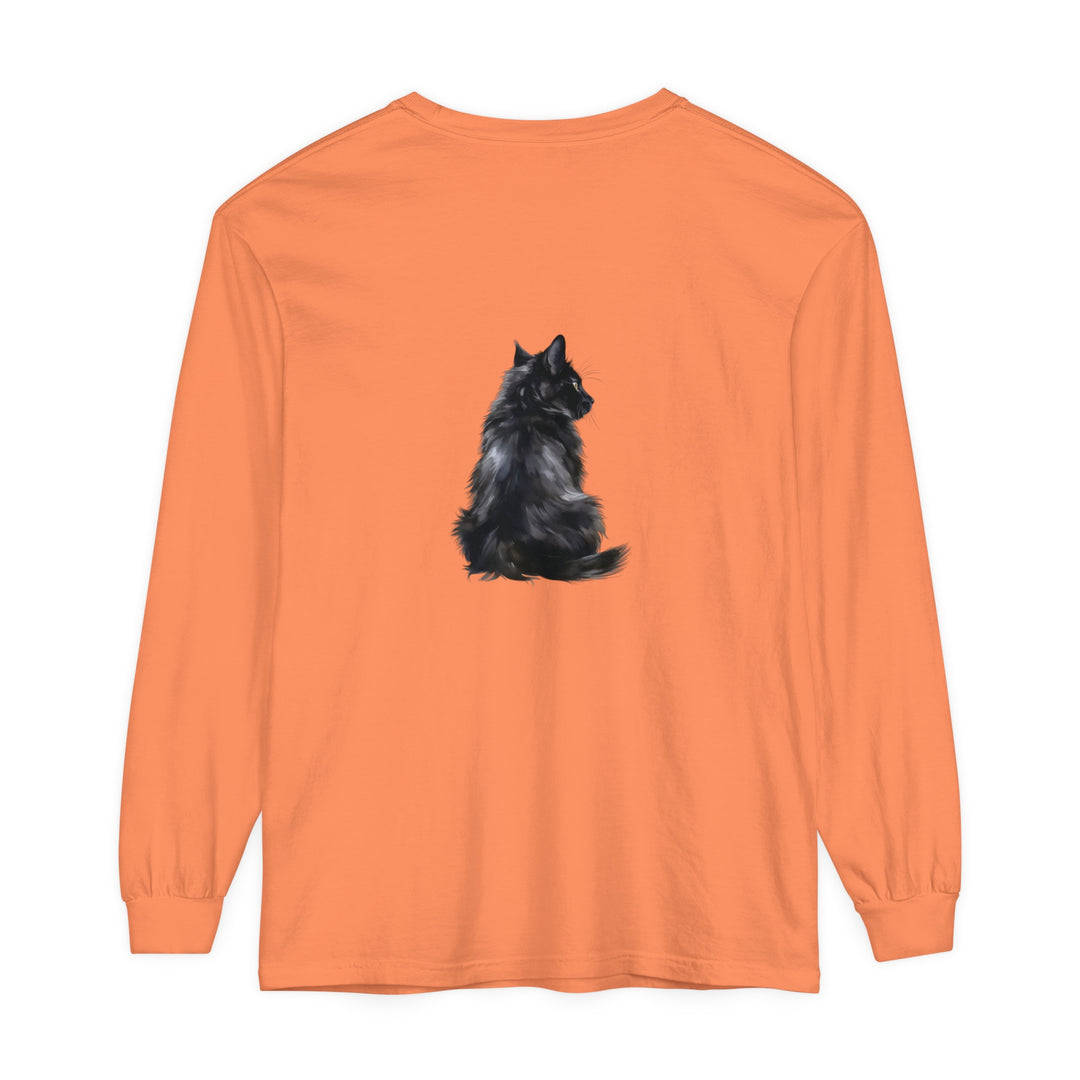 Black Cat Mystique Long Sleeve T-Shirt: A black long sleeve shirt featuring a mysterious black cat design