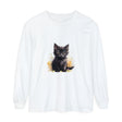 A vibrant and playful watercolor-style design featuring a cute black kitten surrounded by colorful splashes on a high-quality t-shirt