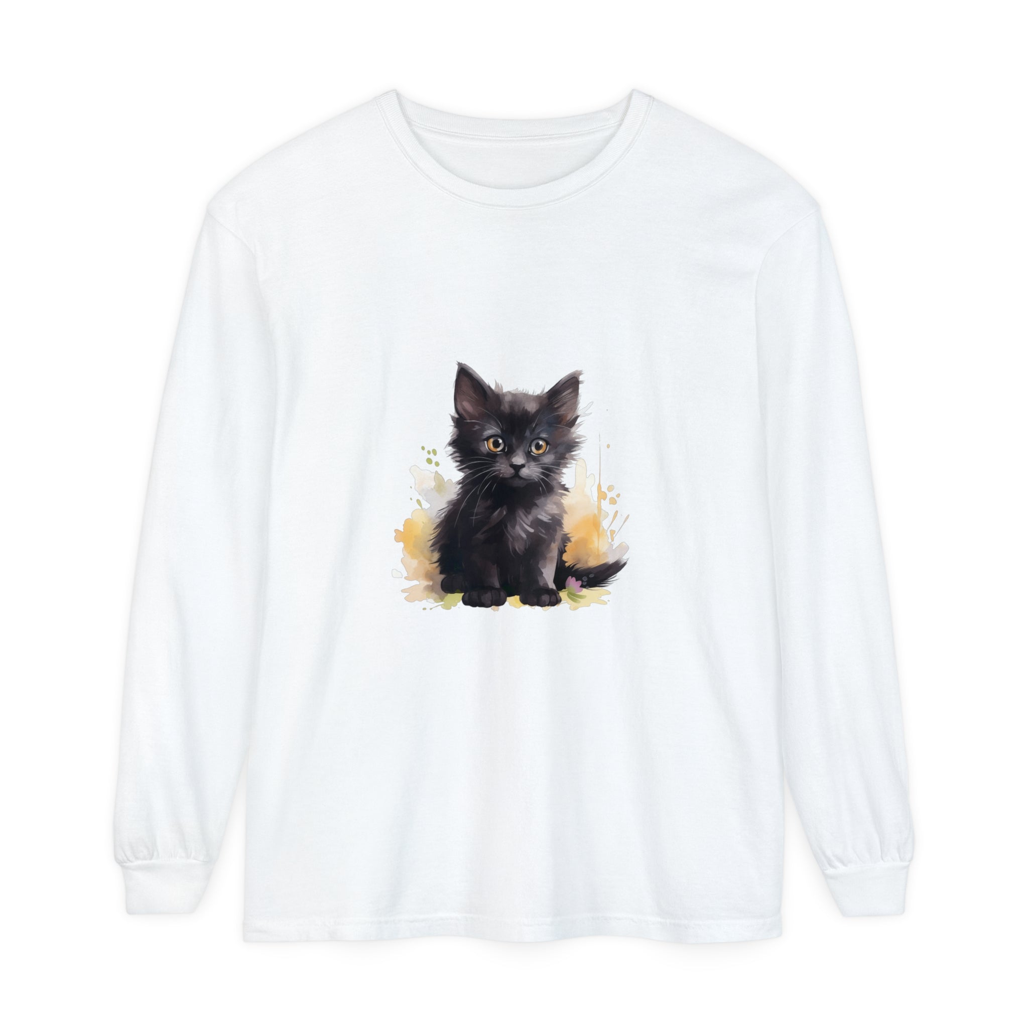 A vibrant and playful watercolor-style design featuring a cute black kitten surrounded by colorful splashes on a high-quality t-shirt