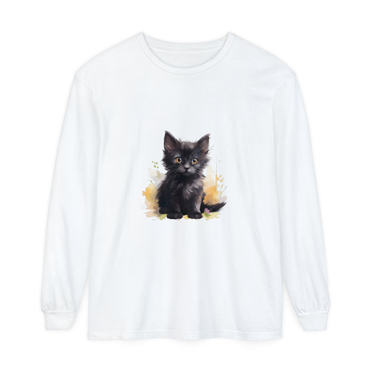 A vibrant and playful watercolor-style design featuring a cute black kitten surrounded by colorful splashes on a high-quality t-shirt