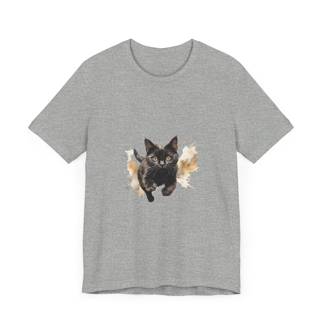 Black Cat Watercolor Sprint T-Shirt: A vibrant watercolor print of a black cat on a soft, comfortable t-shirt