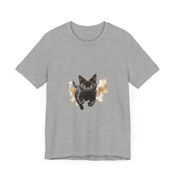 Black Cat Watercolor Sprint T-Shirt: A vibrant watercolor print of a black cat on a soft, comfortable t-shirt