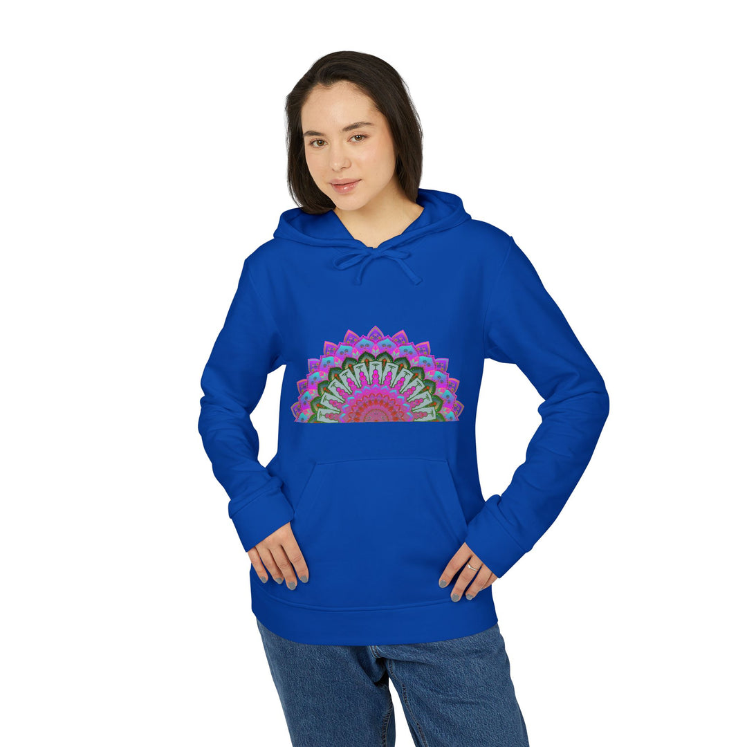 Blululi Adidas Mandala Fleece Hoodie in vibrant blue with intricate mandala design, perfect for staying cozy and stylish during chilly days