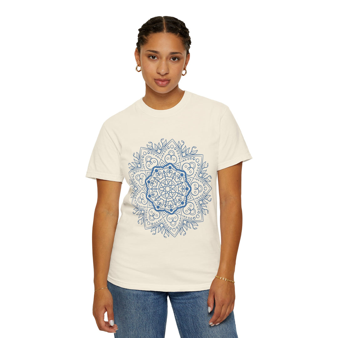 Colorful handcrafted mandala art t-shirt on unisex garment-dyed tee