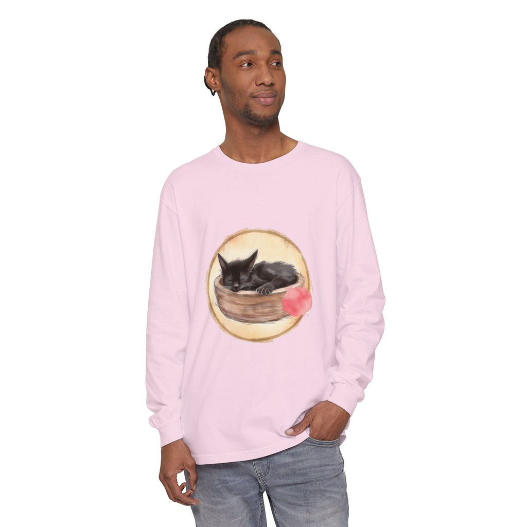 Watercolor illustration of a cute sleeping cat in a bowl on a long sleeve t-shirt