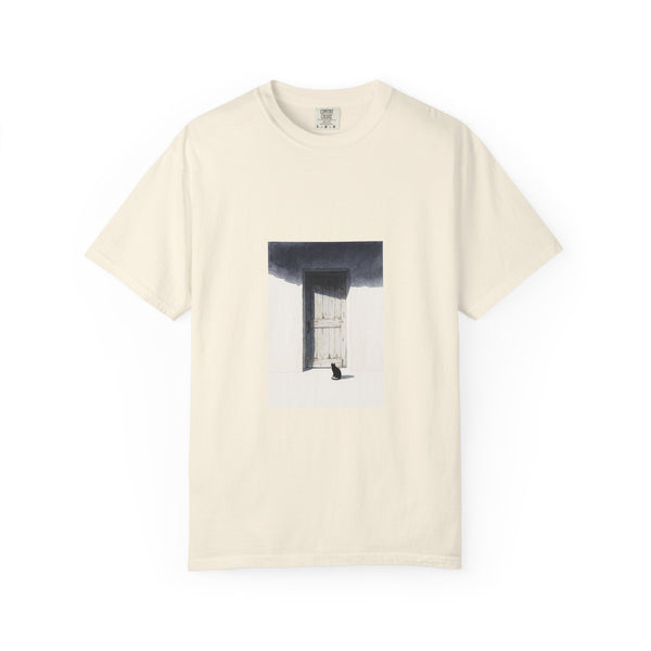 T-Shirt — Minimal Art Cat at Door Graphic Tee
