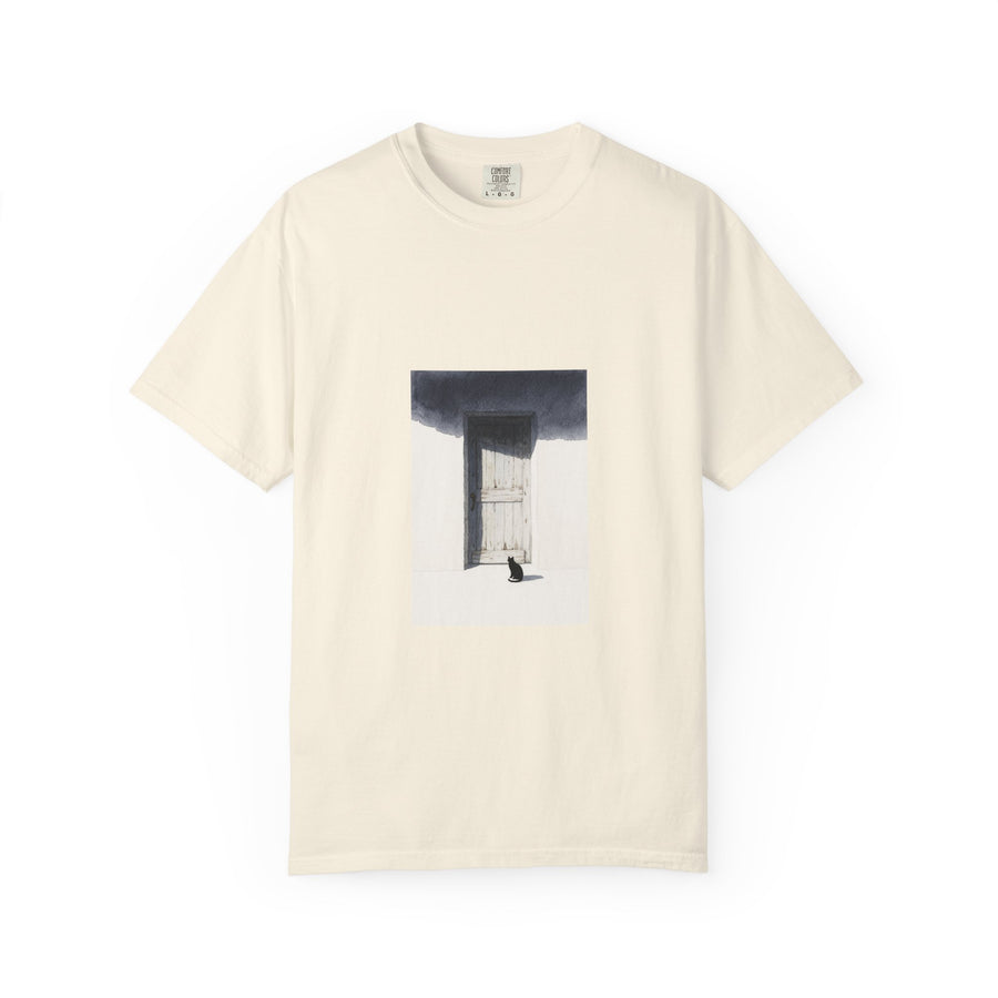 T-Shirt — Minimal Art Cat at Door Graphic Tee