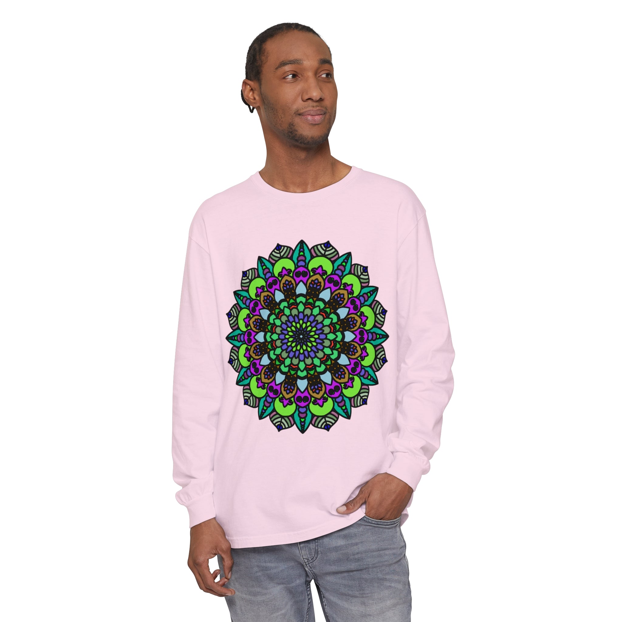 Colorful and intricate psychedelic mandala design on a unisex long sleeve t-shirt