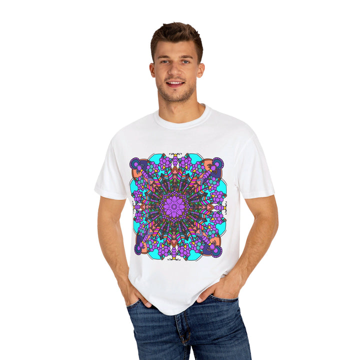 Unisex Mandala T-Shirt featuring hand-drawn mandala art on 100% ring-spun cotton, garment-dyed for extra comfort and style