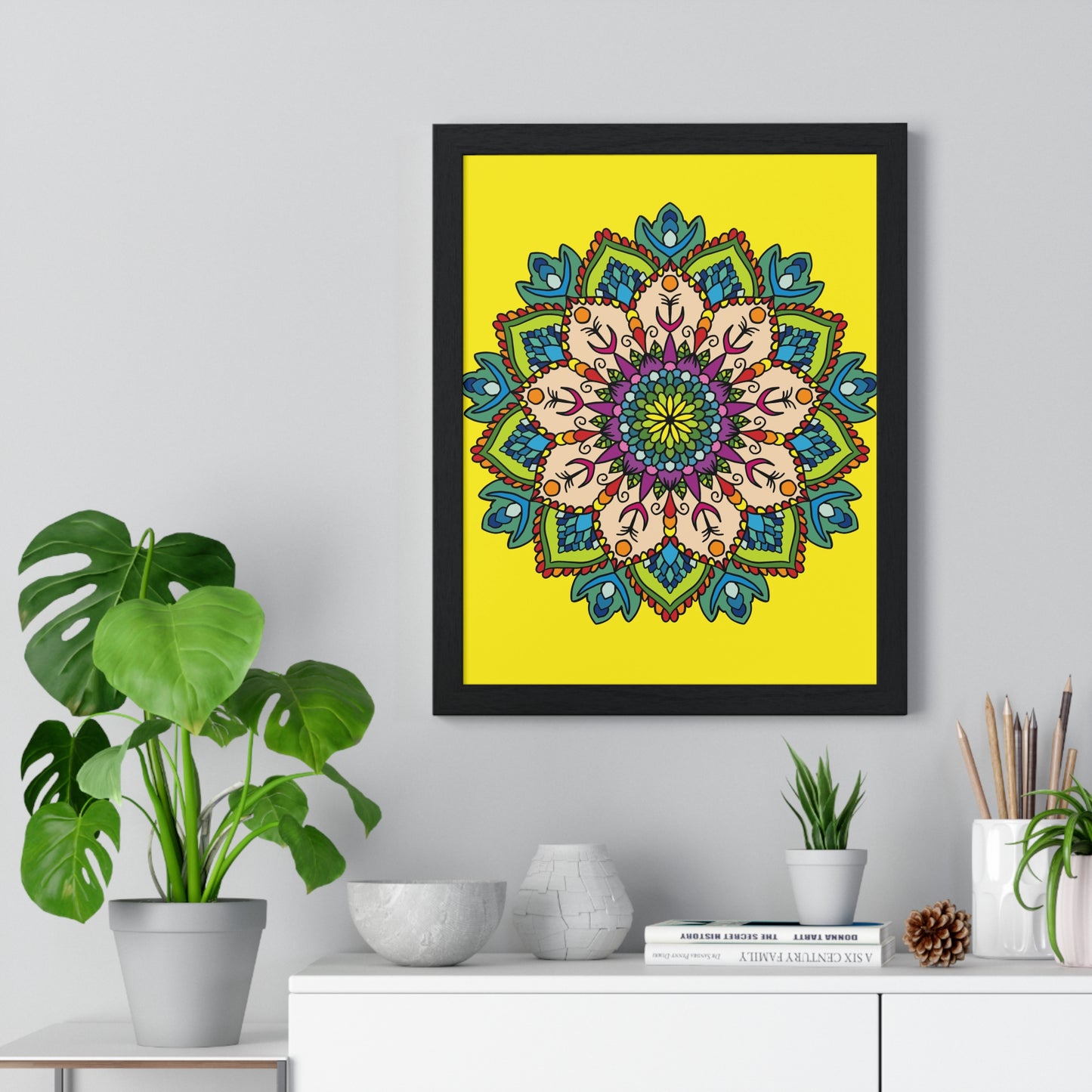 Vertical framed poster of a hand-drawn yellow mandala art, perfect for mindfulness and yoga practice