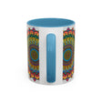 Colorful ceramic mug featuring a spiritual mandala art design