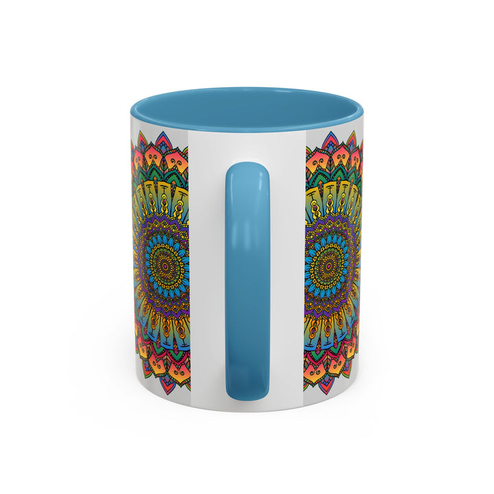 Colorful ceramic mug featuring a spiritual mandala art design