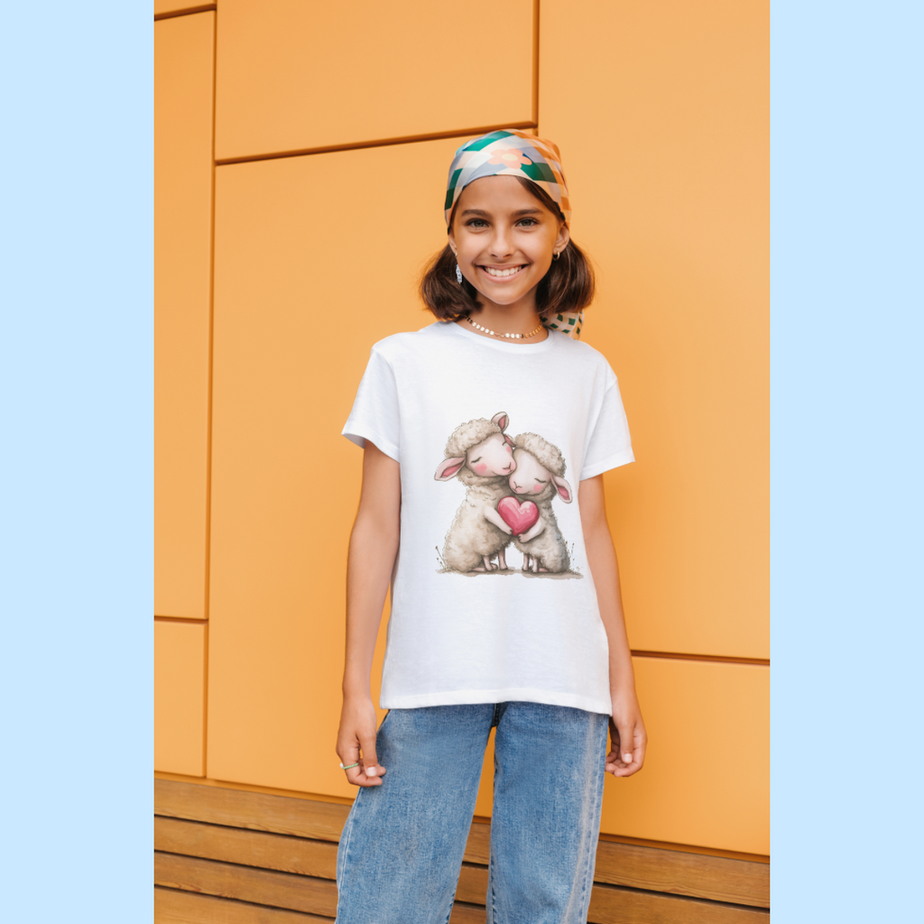 Jugend-T-Shirt – Cartoon-Schafe, die ein Herz umarmen, süßes und schönes Design 
