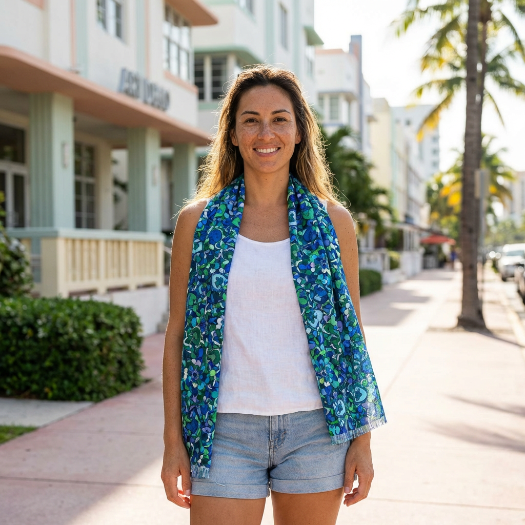 Blue Mandala Flower Light Scarf — Floral Patterned Wrap