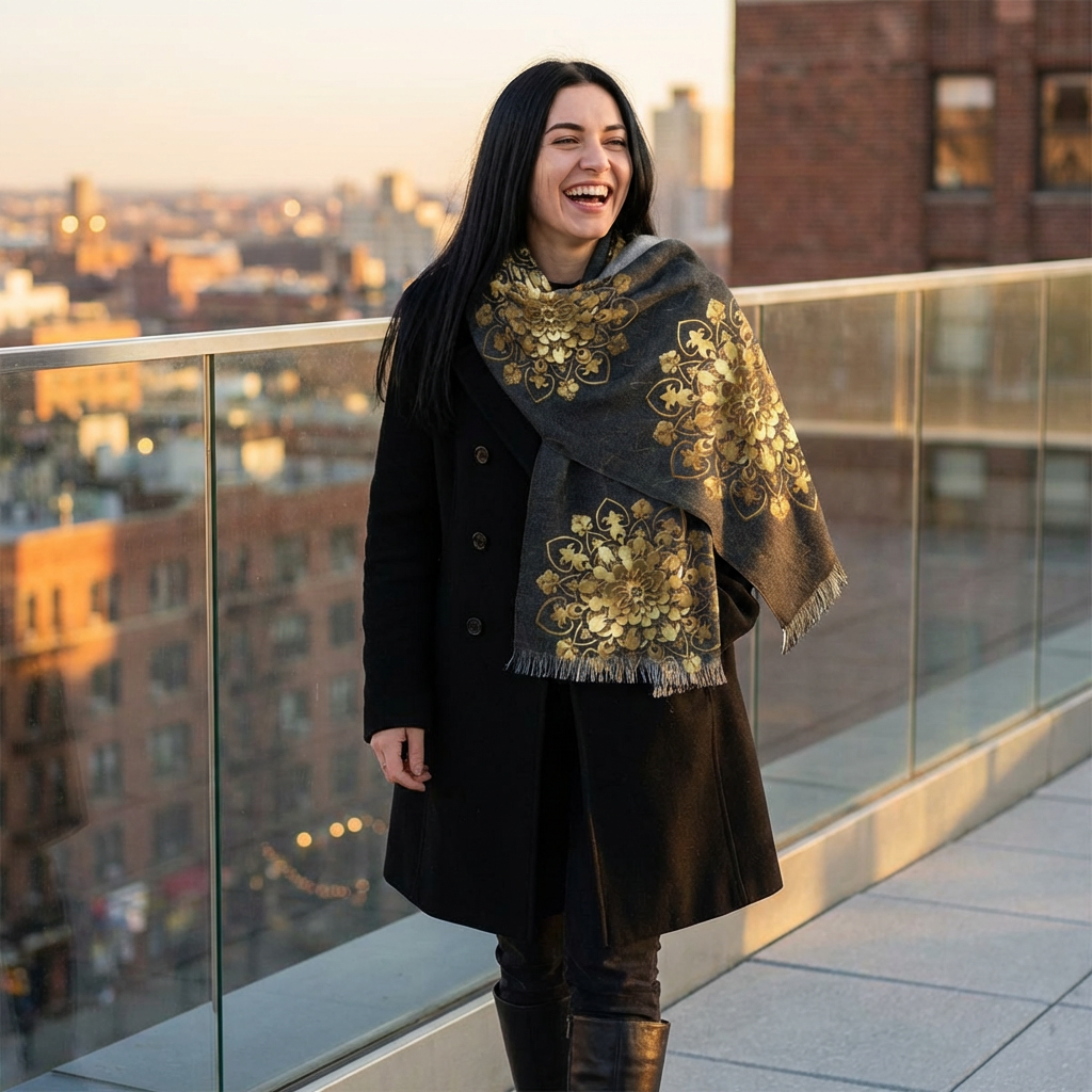 Gold Mandala Black Marble Luxury Scarf