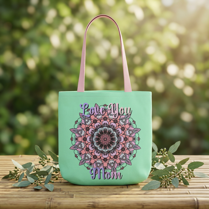 Borsa in tela "Ti voglio bene, mamma" con mandala - Regalo floreale per la festa della mamma