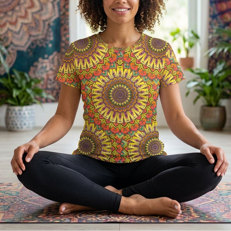 Woman sitting on a yoga mat in a room with mandala decorations and plants