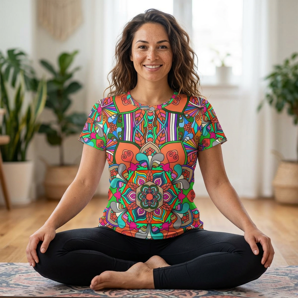 Psychedelic Mandala Kaleidoscope Women's Short Sleeve Shirt - Bright Retro Boho AOP