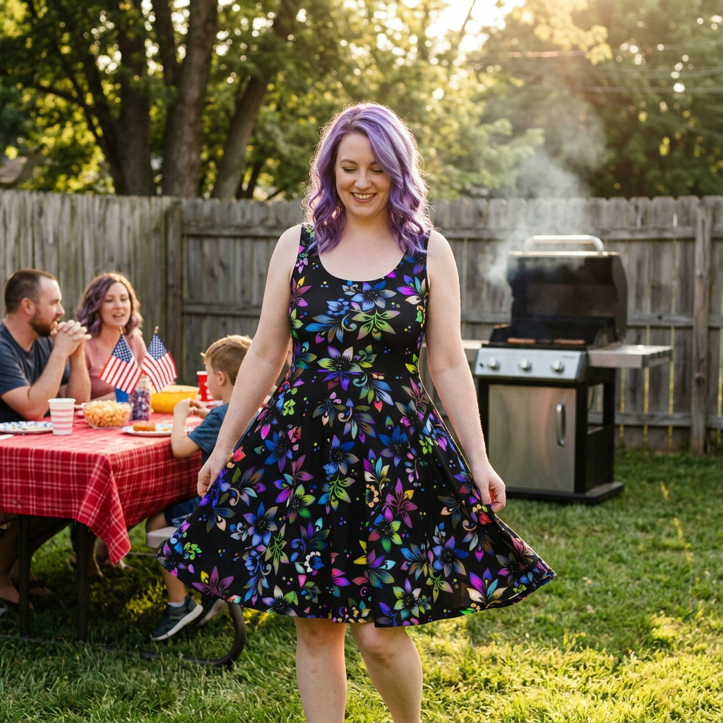 Woman in a colorful dress standing in a backyard with a family and grill in the background
