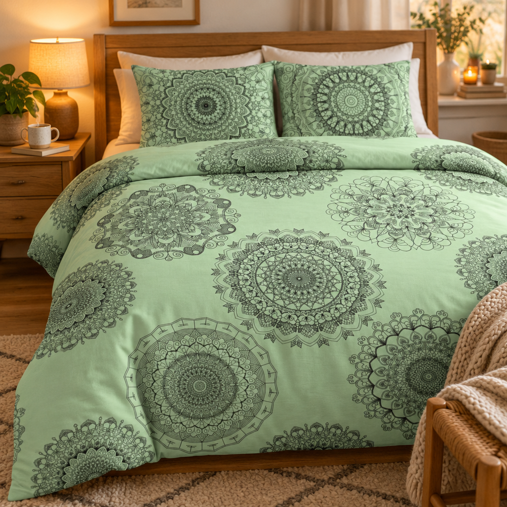Mandala Cotton Bed Set - Mint Green Hand-Drawn Mandala Duvet Cover & Pillowcases
