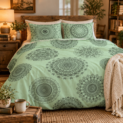 Mandala Cotton Bed Set - Mint Green Hand-Drawn Mandala Duvet Cover & Pillowcases