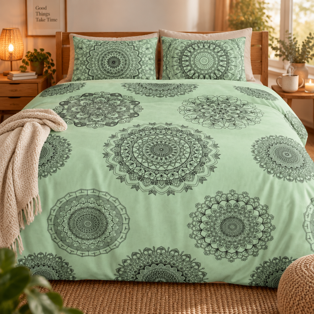 Mandala Cotton Bed Set - Mint Green Hand-Drawn Mandala Duvet Cover & Pillowcases