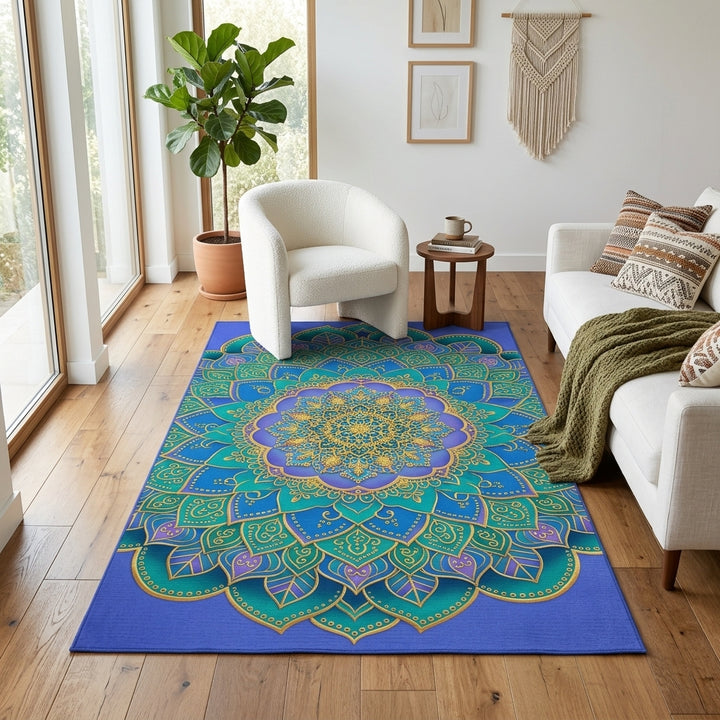 Blue Mandala Washable Rug by Blululi