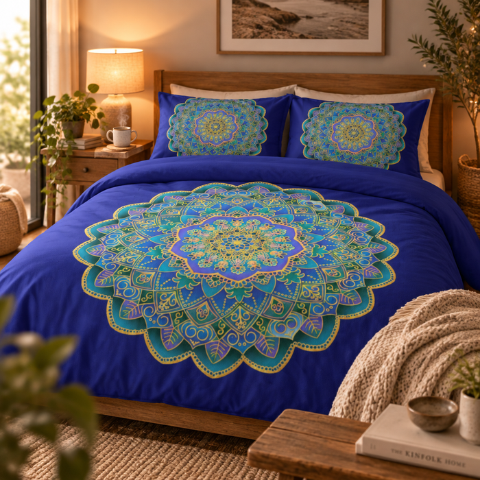 Cotton Bed Set with Blue Mandala Design