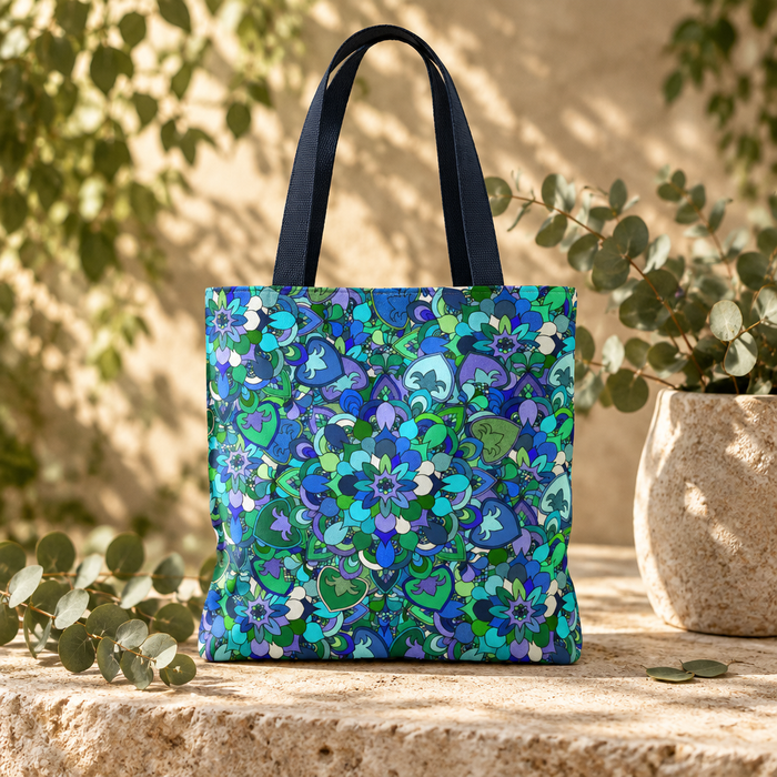Blue Green Floral Mandala Tote Bag — Vibrant All-Over-Print Shopper