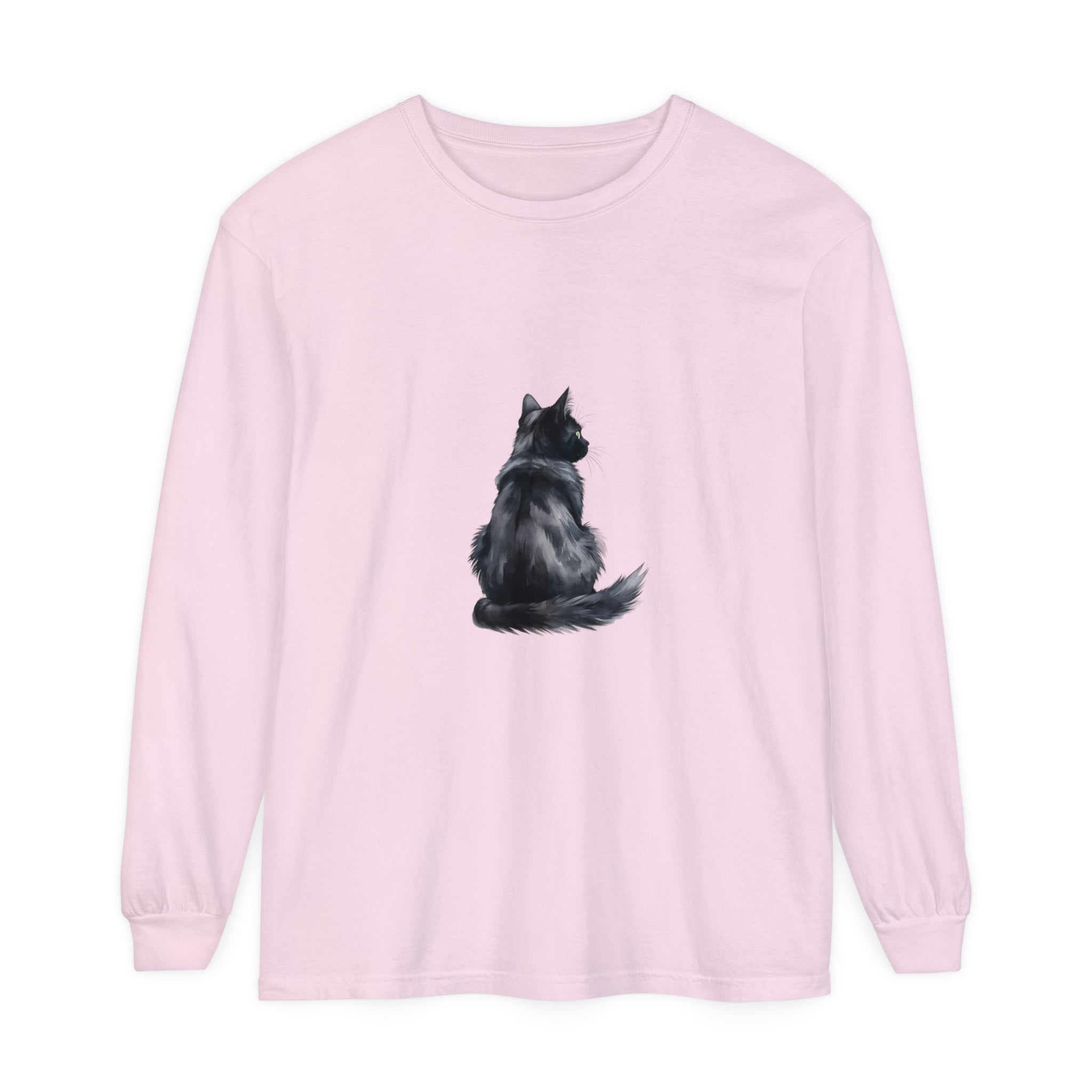 Soft and comfortable long sleeve t-shirt with a watercolor black cat design