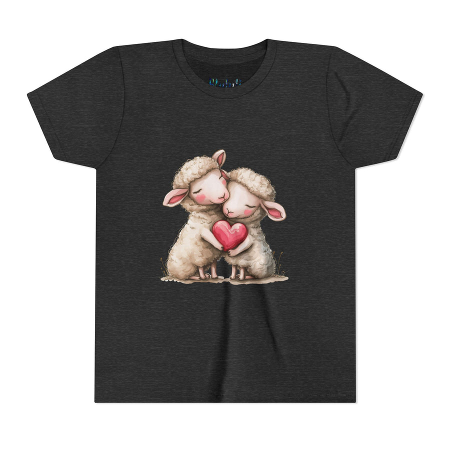 Youth Tee - Cartoon Sheeps Hugging Heart, Cute and Lovely Design