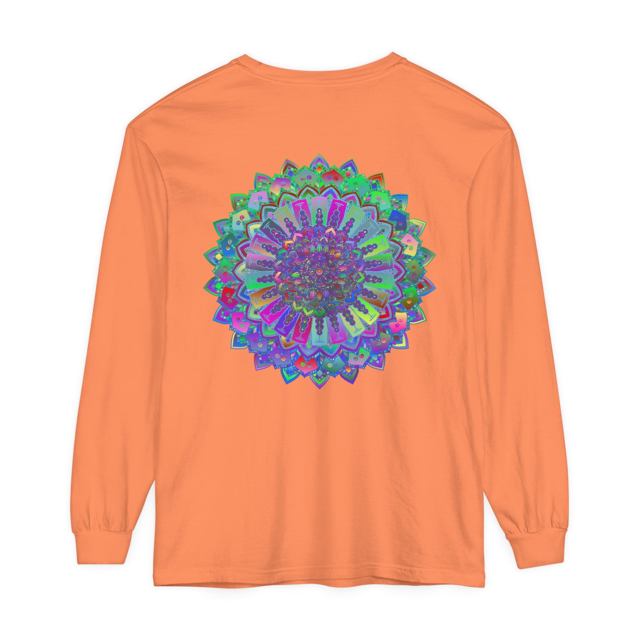 Colorful and intricate mandala design printed on a long sleeve t-shirt