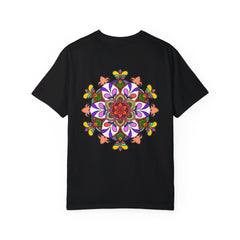 Hand-drawn mandala art printed on 100% ring-spun cotton unisex t-shirt, garment-dyed for extra comfort