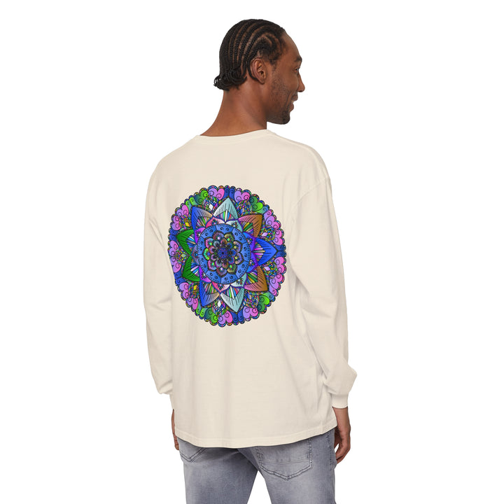 Colorful and intricate mandala design featured on a unisex long sleeve t-shirt