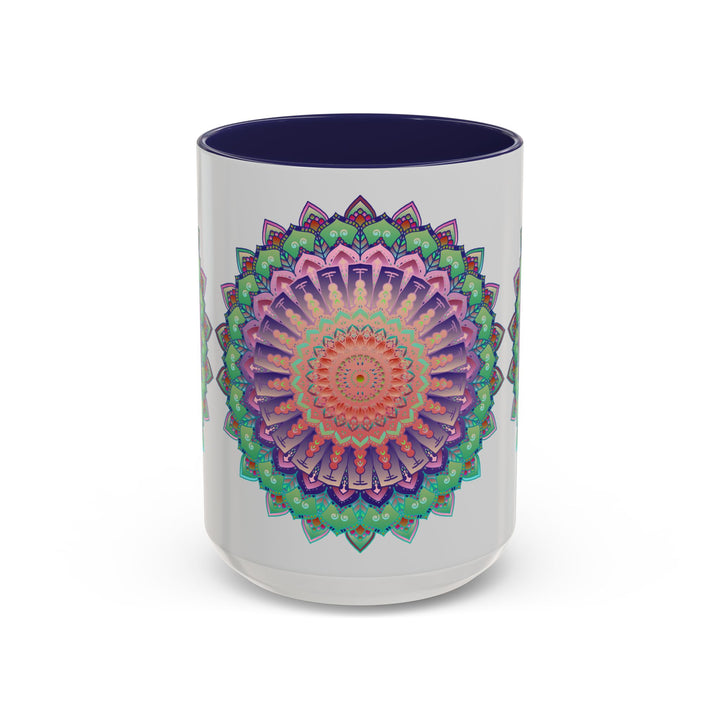 A vibrant and beautiful mandala art mug featuring a colorful floral design perfect for brightening up your morning coffee routine