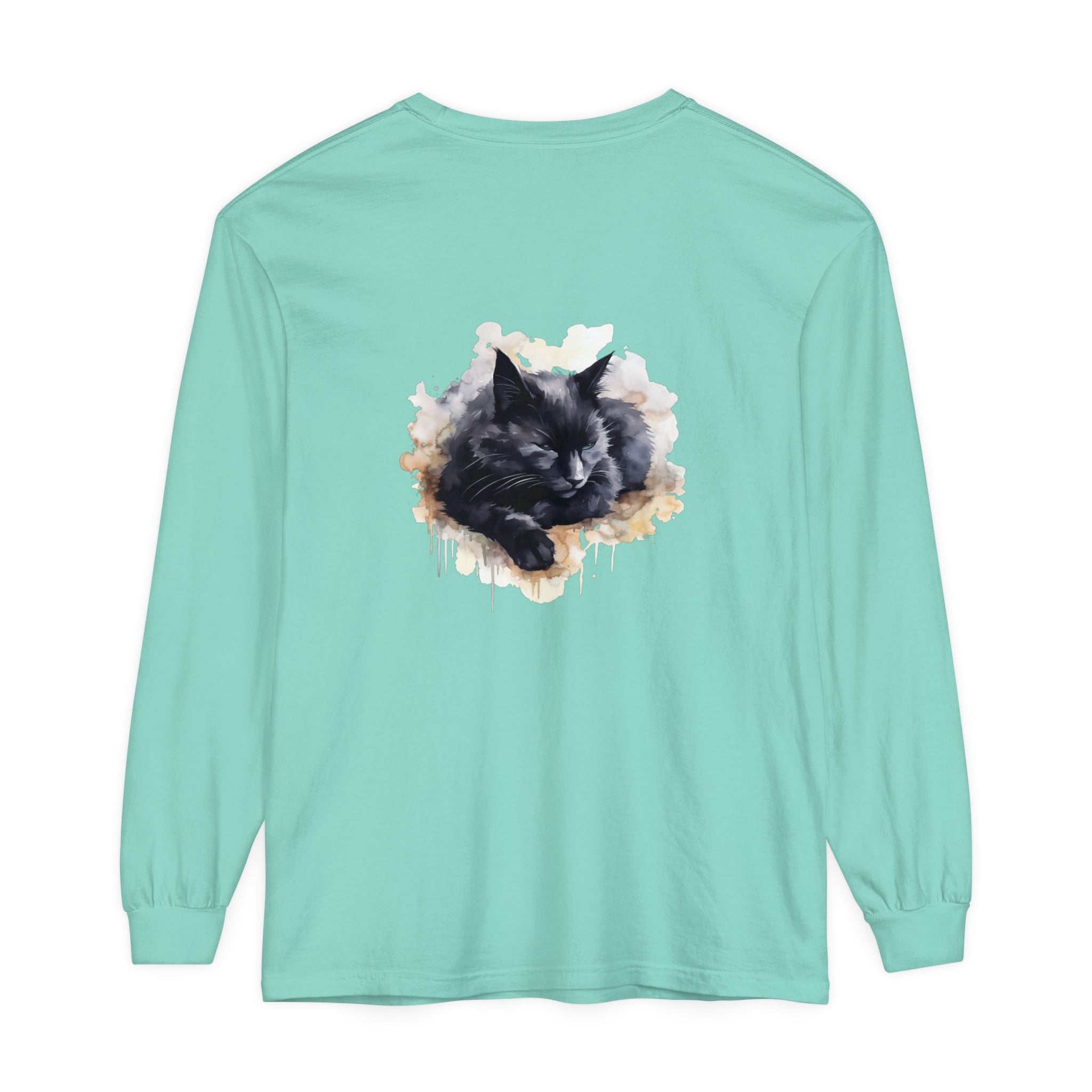 A stylish and artistic watercolor illustration of a black cat sleeping on a t-shirt