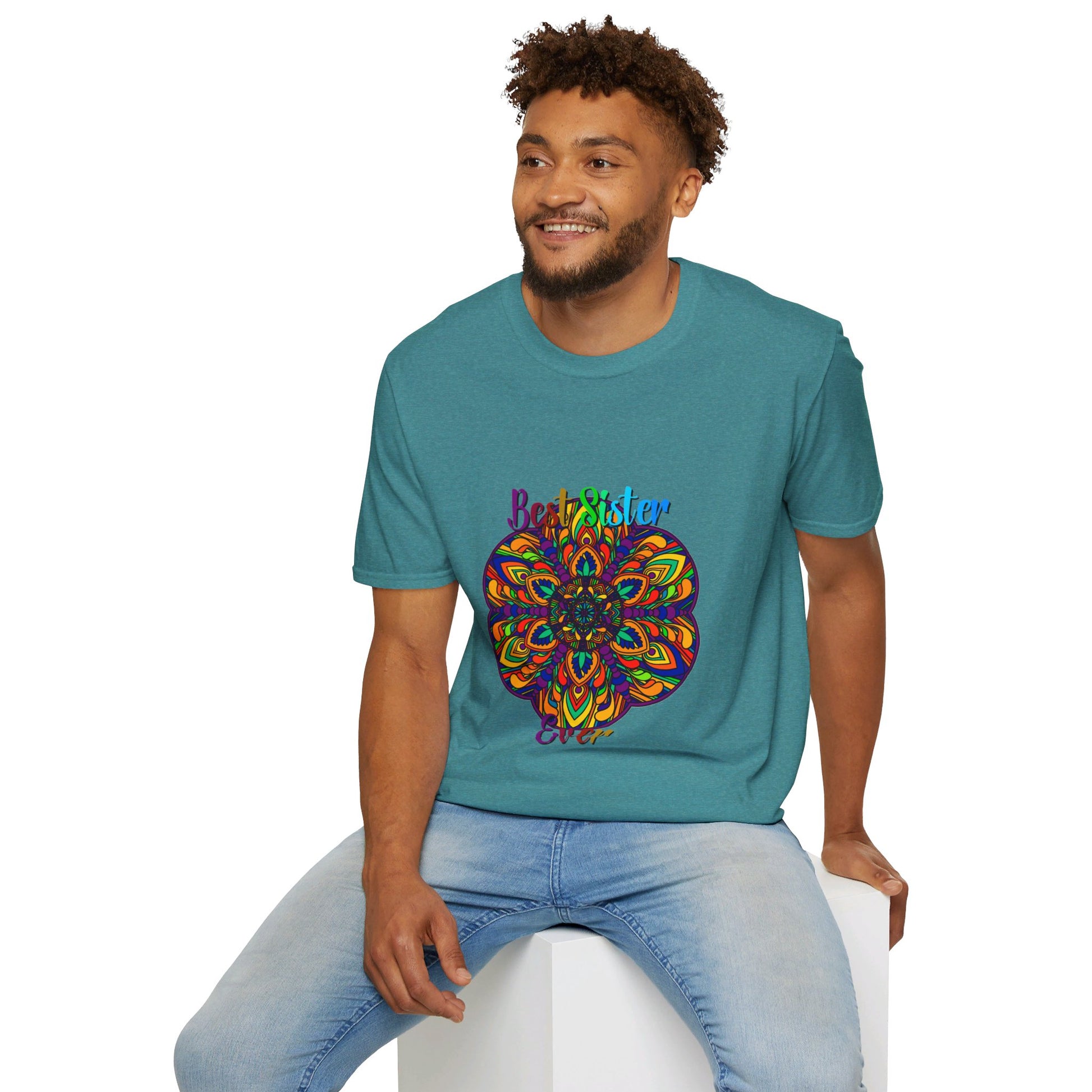 Colorful and intricate hand-drawn Mandala design on soft unisex T-shirt, perfect gift for sister