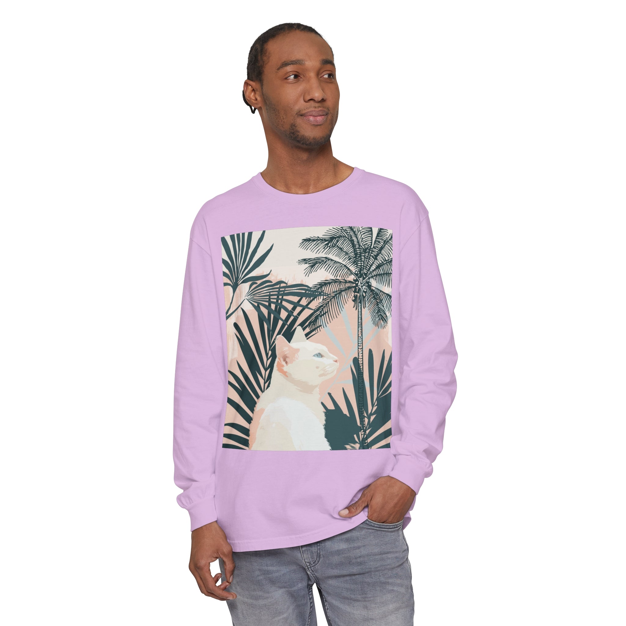 White Cat Tropical Mandala Long Sleeve T-Shirt with vibrant design