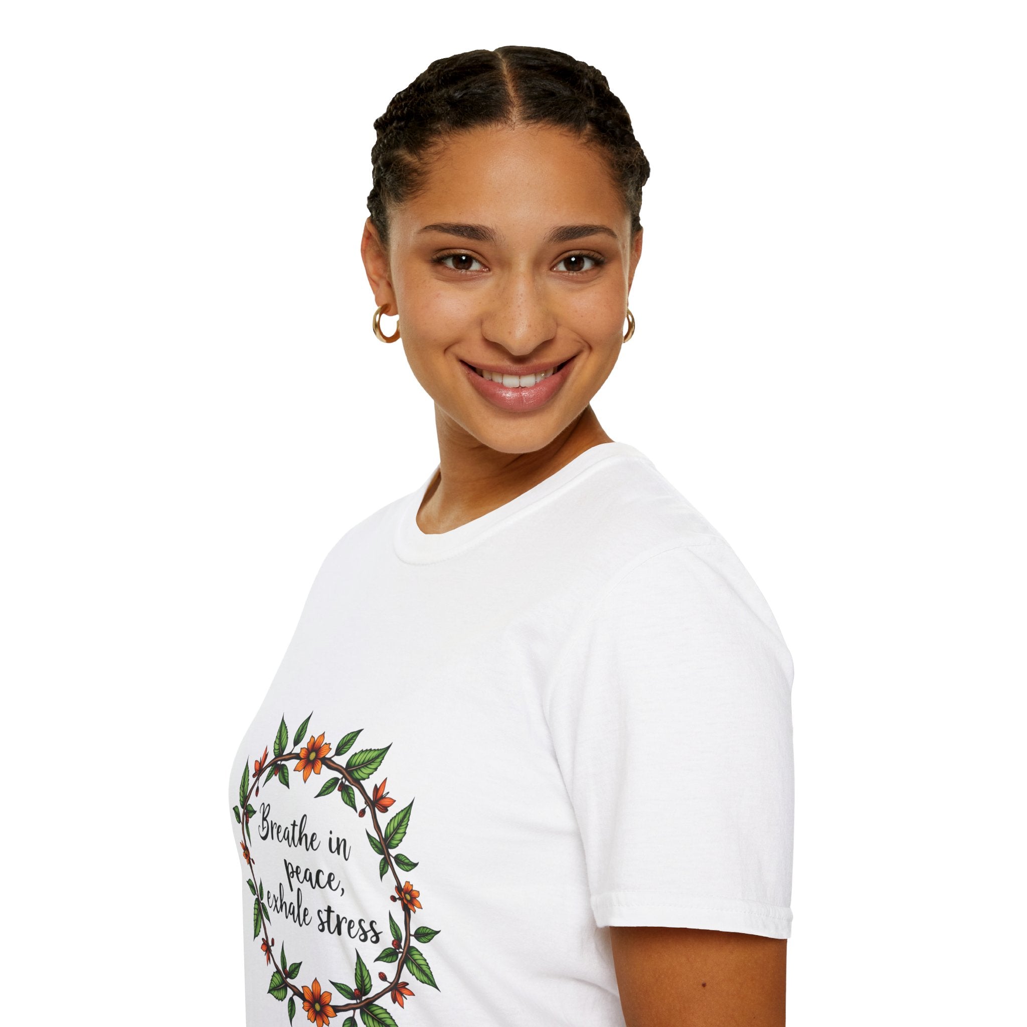 Floral Garland T-Shirt with the message 'Breathe in Peace Exhale Stress,' showcasing a beautiful and calming design perfect for promoting relaxation and tranquility