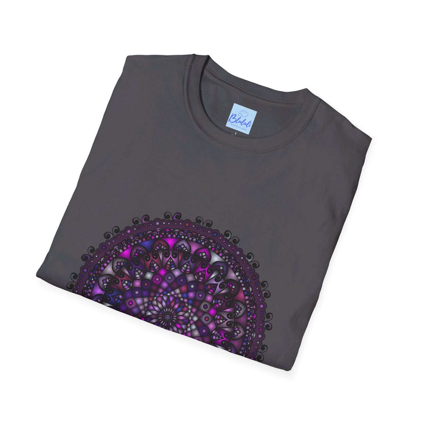 Vibrant purple mandala art unisex softstyle t-shirt featuring intricate hand-drawn design