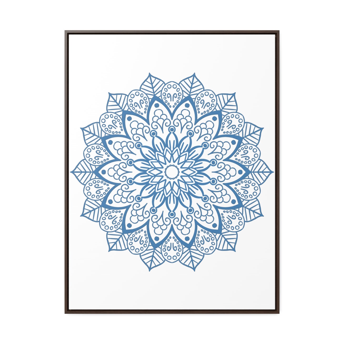 Beautiful Mandala Handmade Art in Steel Blue, displayed on Gallery Canvas Wraps in a Vertical Frame