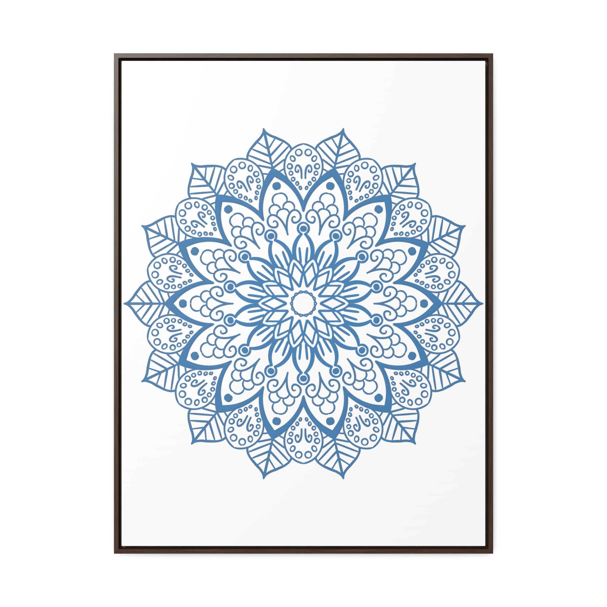 Beautiful Mandala Handmade Art in Steel Blue, displayed on Gallery Canvas Wraps in a Vertical Frame