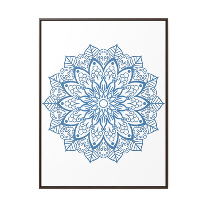 Beautiful Mandala Handmade Art in Steel Blue, displayed on Gallery Canvas Wraps in a Vertical Frame